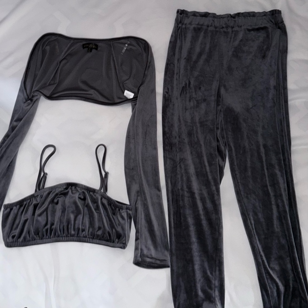 Gray Velvet Pajama Set with Cropped Top and Relaxed Pants